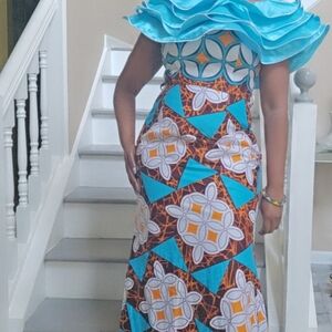 Elegant Blue and Brown Maxi Dress